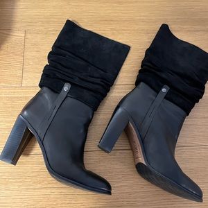 Donald J Plier Leather and Suede Boots with leather interior and 4” wood heel.